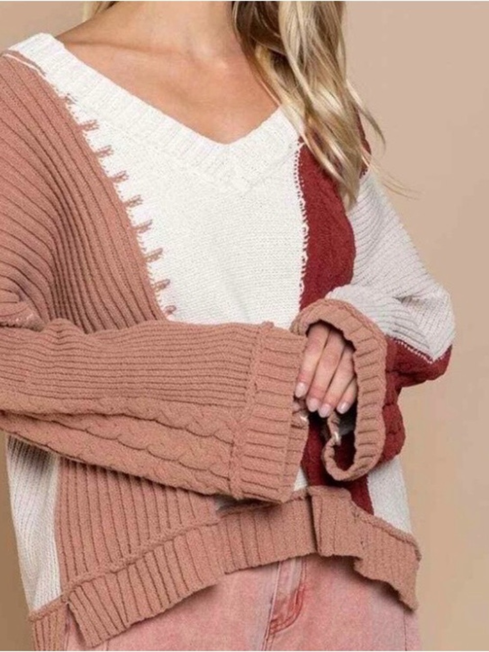 POL Pizazz Color Block V Neck Cable Knit Sweater OVERSIZED L